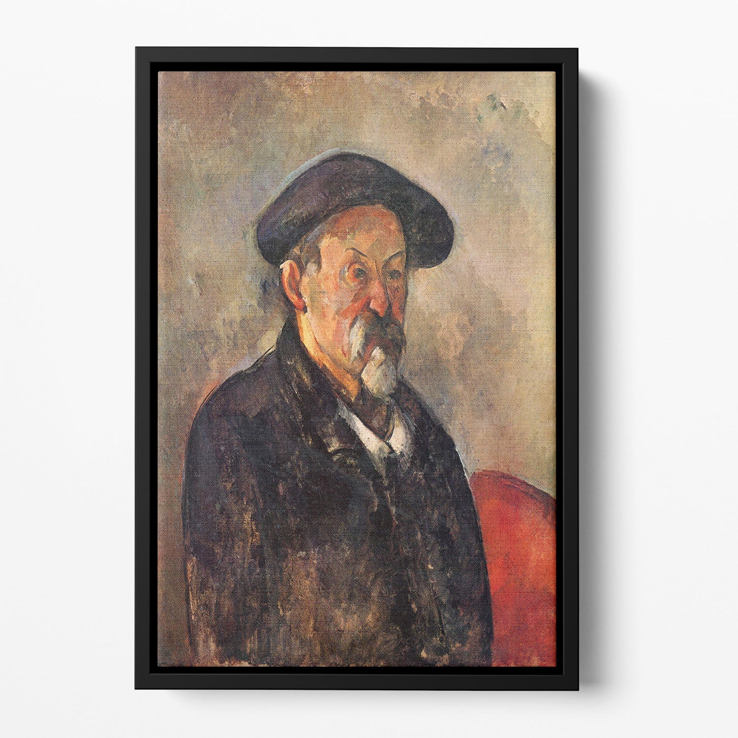 Cezanne's Self Portrait with Beret displayed in an elegant floating frame, showcasing vibrant colors and intricate details.